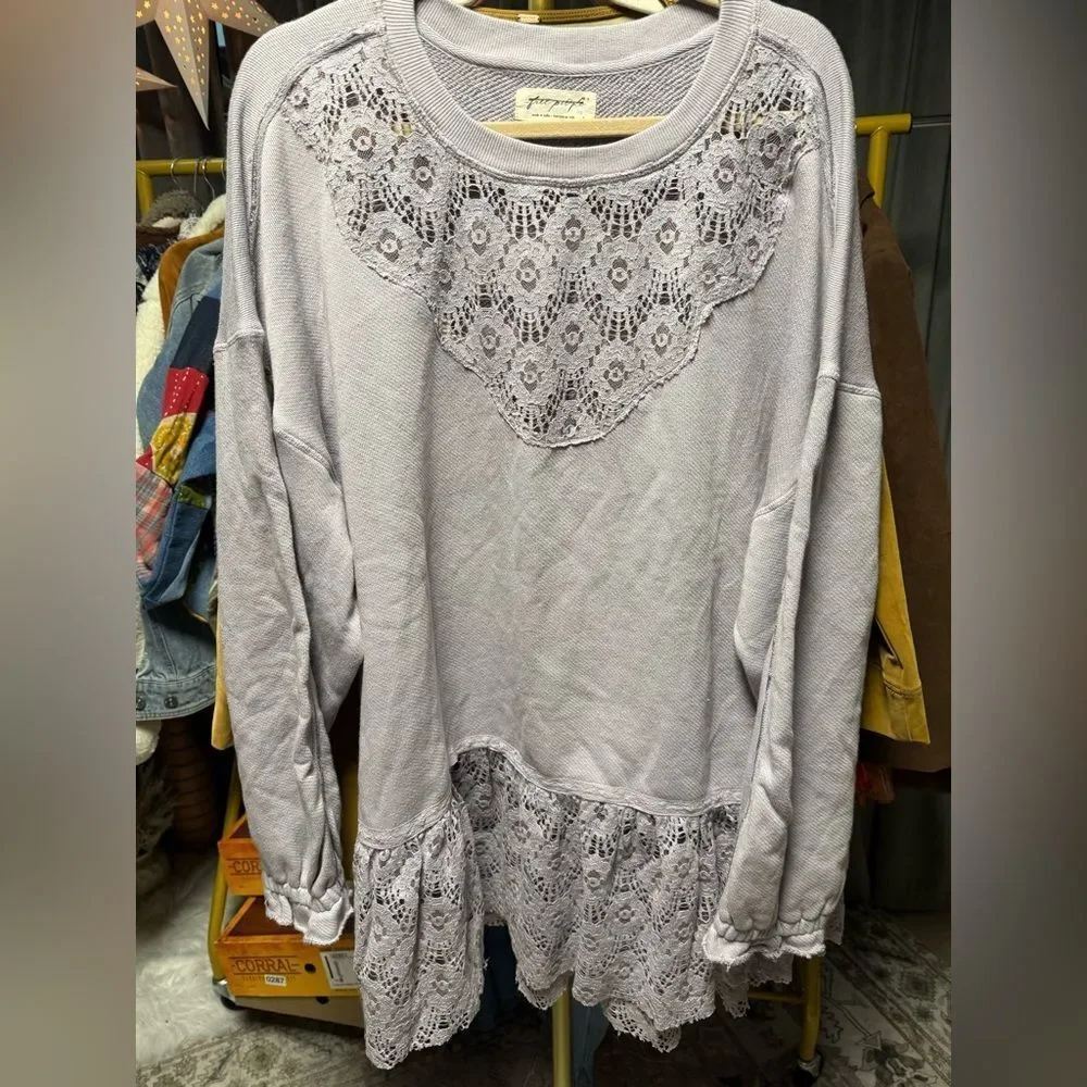NWOT Free People Belle Lace Trim Tunic Sweatshirt in Raindrops